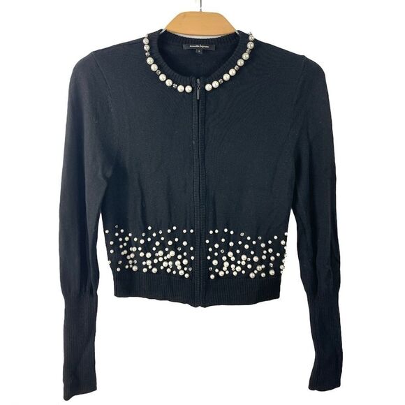 Nanette Lepore Carnival Pearl & Rhinestone Embellished Black Wool Cardigan US S - Picture 4 of 14